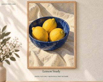 Lemon Still Life Print, Cobalt Bowl Kitchen Wall Art, Digital Download