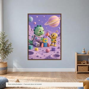Dinosaur Builds on the Moon Printable Wall Art, Kids Room Digital Download, 5 PDF Sizes Including 50x70 cm immagine 2