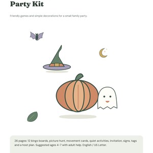 May include: A Little Pumpkin Party Kit document featuring the text Goodfind Lane, Halloween Together, and Friendly games and simple decorations for a small family party. Includes illustrations of a bat, witch hat, moon, pumpkin, and ghost.