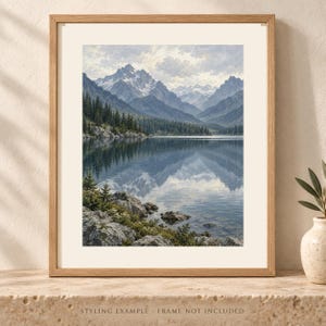 Mountain Lake Print, Blue Alpine Landscape Wall Art, Digital Download image 1