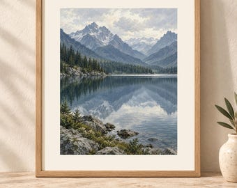 Mountain Lake Print, Blue Alpine Landscape Wall Art, Digital Download