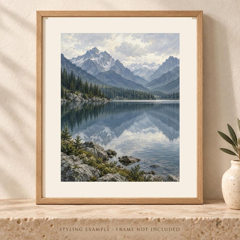 Mountain Lake Print, Blue Alpine Landscape Wall Art, Digital Download image 1