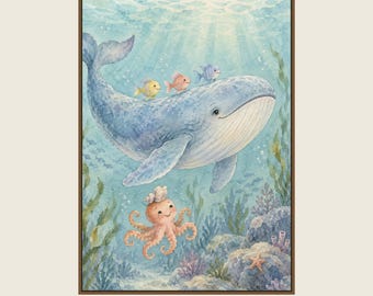 Whale and Little Friends Poster, Kids Animal Wall Art, 50x70 cm Unframed Matte Print