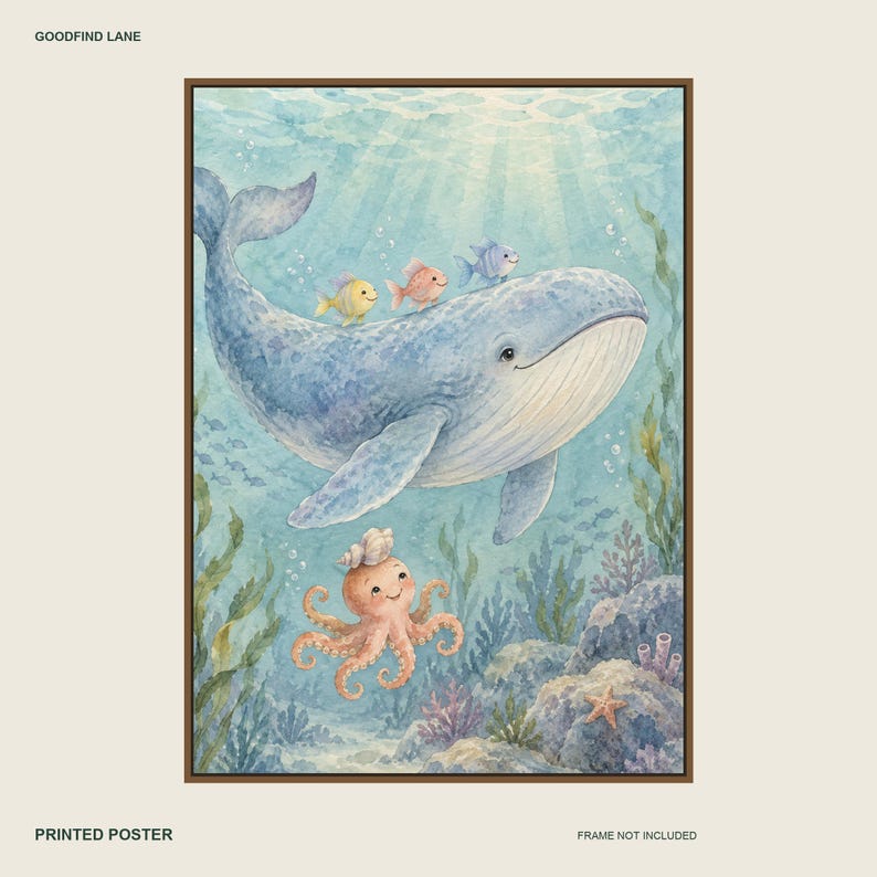 Whale and Little Friends Poster, Kids Animal Wall Art, 50x70 cm Unframed Matte Print zdjęcie 1