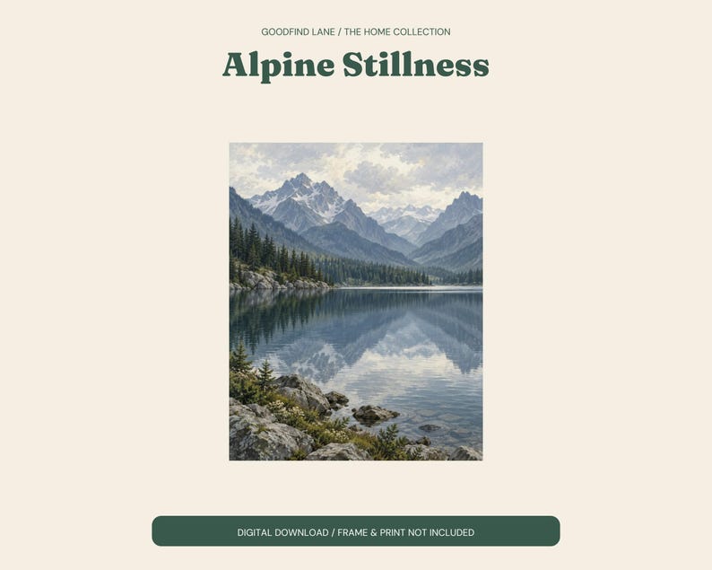 Mountain Lake Print, Blue Alpine Landscape Wall Art, Digital Download image 2