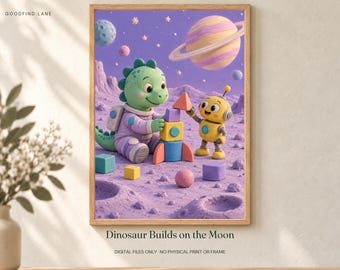 Dinosaur Builds on the Moon Printable Wall Art, Kids Room Digital Download, 5 PDF Sizes Including 50x70 cm