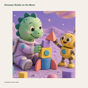 Dinosaur Builds on the Moon Poster, Kids Animal Wall Art, 50x70 cm Unframed Matte Print zdjęcie 3