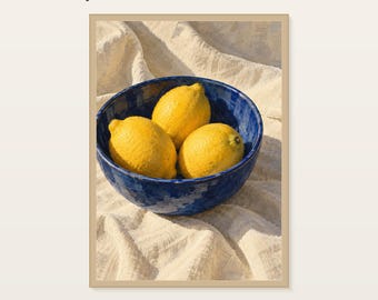 Lemon Still Life Print, Cobalt Bowl Kitchen Wall Art, Digital Download