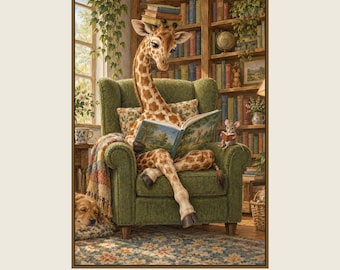 Library Giraffe Poster, Kids Animal Wall Art, 50x70 cm Unframed Matte Print