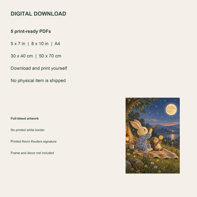 Stargazing Rabbit Printable Wall Art, Kids Room Digital Download, 5 PDF Sizes Including 50x70 cm 画像 4