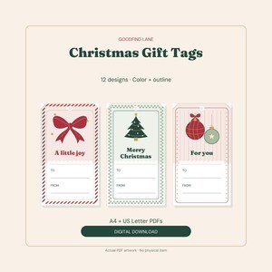 Printable Christmas Gift Tags, 12 Designs in Color and Outline, Holiday Wrapping Labels, A4 and US Letter PDF