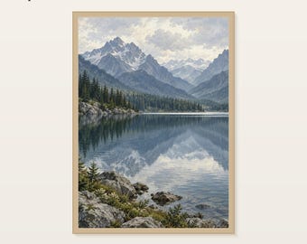 Mountain Lake Print, Blue Alpine Landscape Wall Art, 30x40 or 50x70 cm Unframed Matte Poster