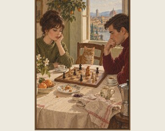 Breakfast Chess Printable Wall Art, Retro Digital Download, 5 PDF Sizes Including 50x70 cm