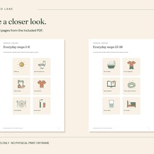 May include: Two pages from a digital PDF document titled Goodfind Lane. The pages display visual routine charts labeled Everyday steps 1-6 and Everyday steps 13-18, featuring simple icons for daily tasks like washing hands, eating, and sleeping.