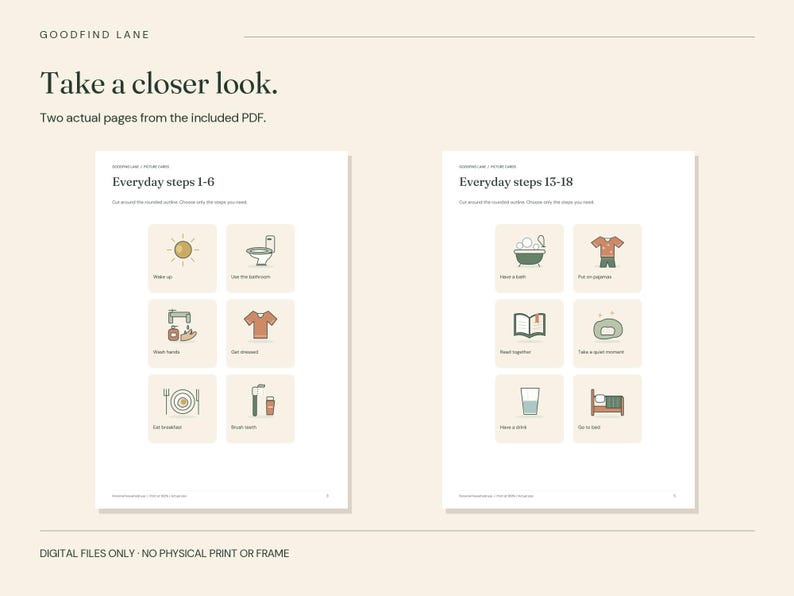 May include: Two pages from a digital PDF document titled Goodfind Lane. The pages display visual routine charts labeled Everyday steps 1-6 and Everyday steps 13-18, featuring simple icons for daily tasks like washing hands, eating, and sleeping.