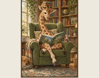 Library Giraffe Printable Wall Art, Kids Room Digital Download, 5 PDF Sizes Including 50x70 cm