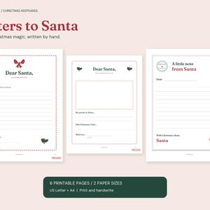 サンタクロースへの手紙と願い事リストの印刷用セット、クリスマス返信用便箋、USレター＆A4 PDF 画像 1