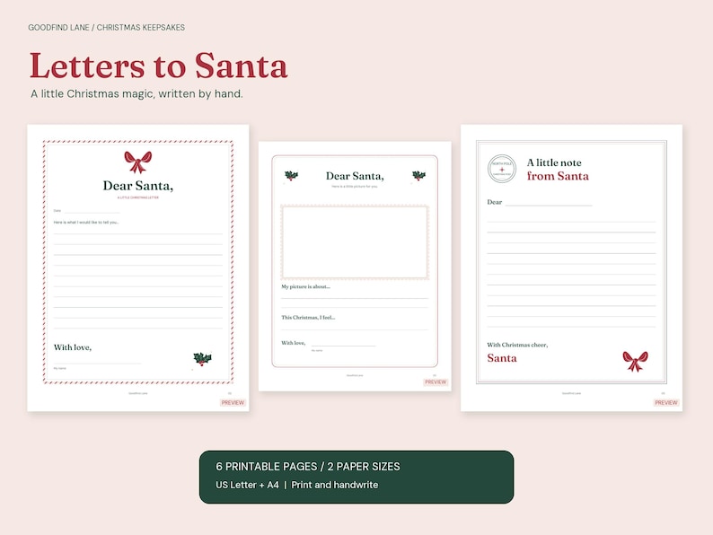 サンタクロースへの手紙と願い事リストの印刷用セット、クリスマス返信用便箋、USレター＆A4 PDF 画像 1