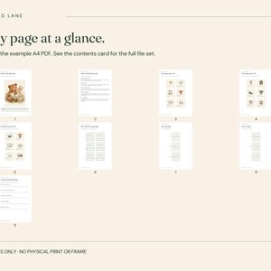 May include: A digital document preview titled Every page at a glance, displaying nine A4 PDF pages. The pages feature a bear and rabbit illustration, text lists, icon grids, blank labels, and daily routine checklists on a light beige background.