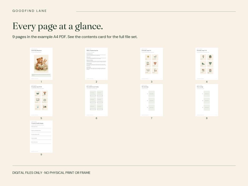 May include: A digital document preview titled Every page at a glance, displaying nine A4 PDF pages. The pages feature a bear and rabbit illustration, text lists, icon grids, blank labels, and daily routine checklists on a light beige background.
