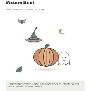 Halloween Picture Hunt PDF for Kids: 12 Cards, Indoor Game, Pumpkin Drawing and Certificate image 1
