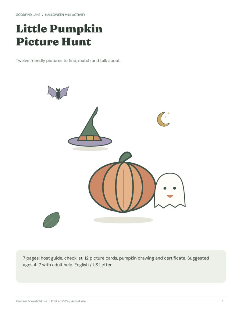 Halloween Picture Hunt PDF for Kids: 12 Cards, Indoor Game, Pumpkin Drawing and Certificate image 1