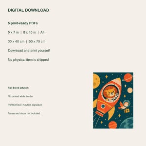 Lion in Space Printable Wall Art, Kids Room Digital Download, 5 PDF Sizes Including 50x70 cm image 4