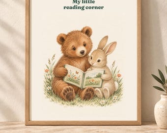 Reading Corner Print with Bear and Rabbit, Printable Nursery Wall Art PDF
