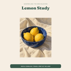 Lemon Still Life Print, Cobalt Bowl Kitchen Wall Art, Digital Download image 2