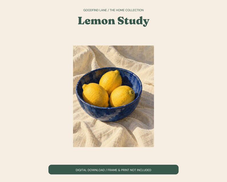 Lemon Still Life Print, Cobalt Bowl Kitchen Wall Art, Digital Download image 2