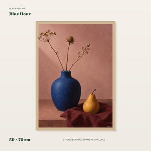 Cobalt Vase Still Life Print, Burgundy Modern Wall Art, 30x40 or 50x70 cm Unframed Matte Poster image 1