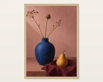 Cobalt Vase Still Life Print, Burgundy Modern Wall Art, 30x40 or 50x70 cm Unframed Matte Poster