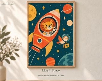 Lion in Space Poster, Kids Animal Wall Art, 50x70 cm Unframed Matte Print