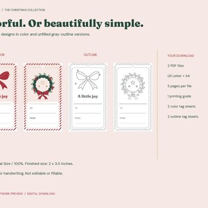 Utskrivbara julklappsetiketter, 12 juldesigner, färg och kontur, 2 x 3,5 tums etiketter, US Letter och A4 PDF bild 3