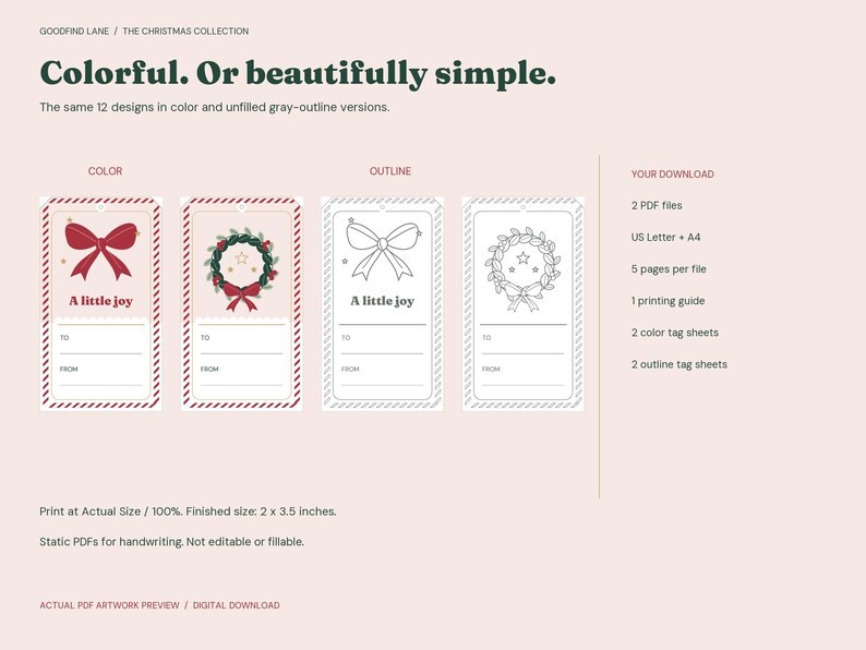 Utskrivbara julklappsetiketter, 12 juldesigner, färg och kontur, 2 x 3,5 tums etiketter, US Letter och A4 PDF bild 3
