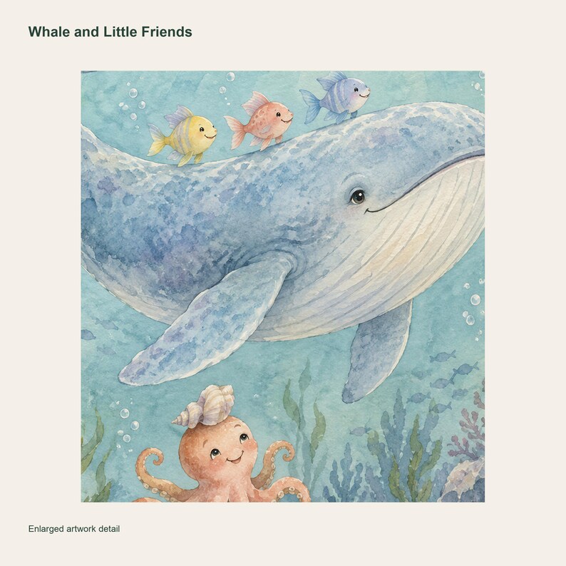 Whale and Little Friends Poster, Kids Animal Wall Art, 50x70 cm Unframed Matte Print zdjęcie 3