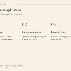 May include: A digital instruction graphic on a cream background with dark text. It outlines three steps: 01 Download, 02 Choose your paper, and 03 Enjoy together. The text includes instructions for Etsy purchases, printing at 100%, and setup guides.