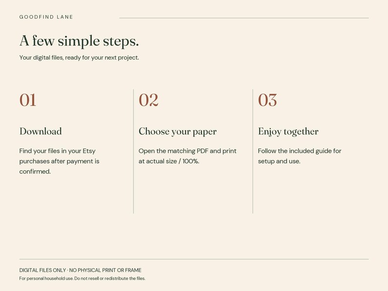 May include: A digital instruction graphic on a cream background with dark text. It outlines three steps: 01 Download, 02 Choose your paper, and 03 Enjoy together. The text includes instructions for Etsy purchases, printing at 100%, and setup guides.