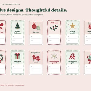 Utskrivbara julklappsetiketter, 12 juldesigner, färg och kontur, 2 x 3,5 tums etiketter, US Letter och A4 PDF bild 2