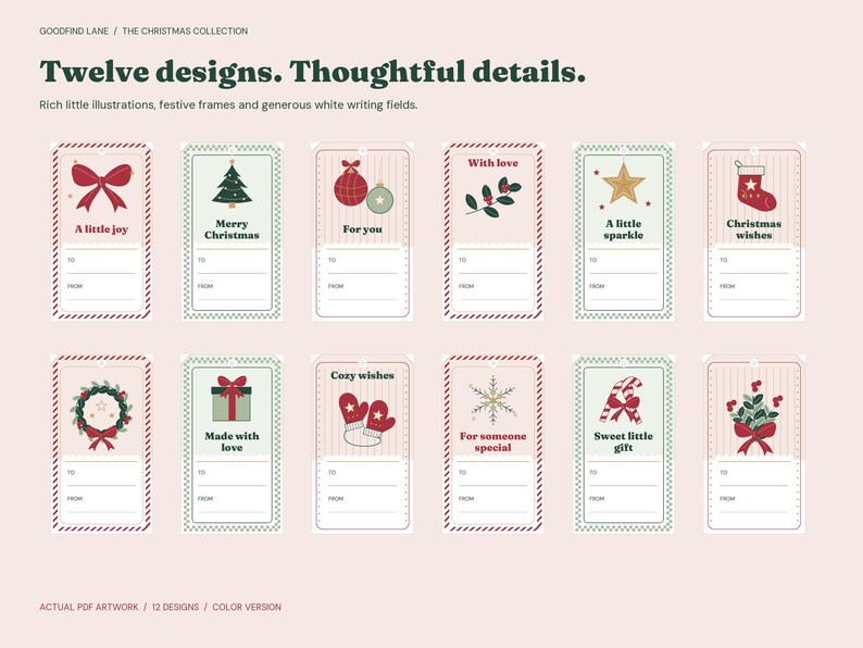 Utskrivbara julklappsetiketter, 12 juldesigner, färg och kontur, 2 x 3,5 tums etiketter, US Letter och A4 PDF bild 2