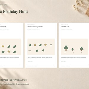May include: Three white pages titled Forest Birthday Hunt featuring activity worksheets. The pages contain illustrations of leaves, stars, and trees with text prompts like The leaf collector, The woodland pattern, and Small to tall for children.