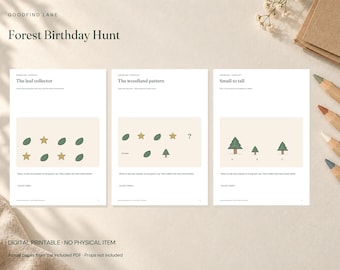 May include: Three white pages titled Forest Birthday Hunt featuring activity worksheets. The pages contain illustrations of leaves, stars, and trees with text prompts like The leaf collector, The woodland pattern, and Small to tall for children.