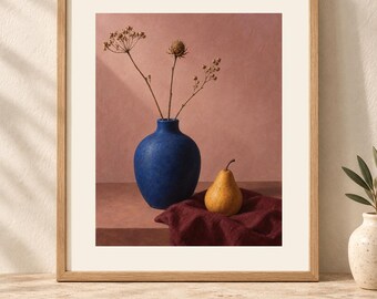 Cobalt Vase Still Life Print, Burgundy Modern Wall Art, Digital Download