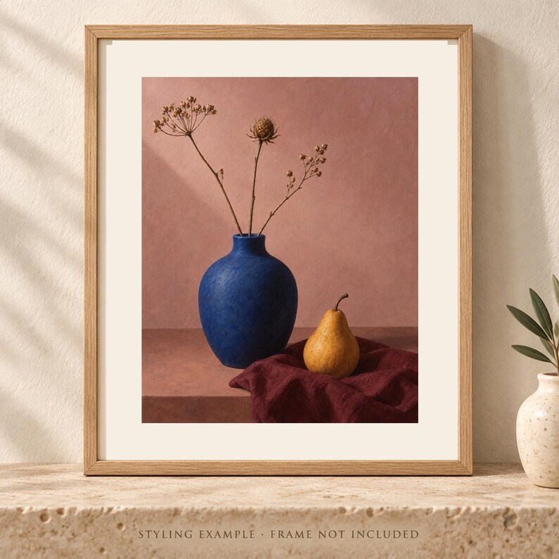 Cobalt Vase Still Life Print, Burgundy Modern Wall Art, Digital Download image 1