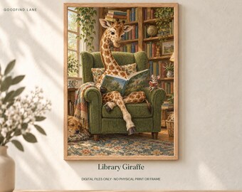 Library Giraffe Printable Wall Art, Kids Room Digital Download, 5 PDF Sizes Including 50x70 cm
