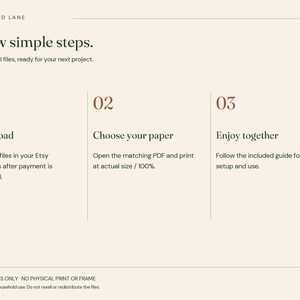 May include: A digital instruction graphic on a cream background with dark text. It outlines three steps: 01 Download, 02 Choose your paper, and 03 Enjoy together. The text includes instructions for Etsy purchases, printing at 100%, and setup guides.
