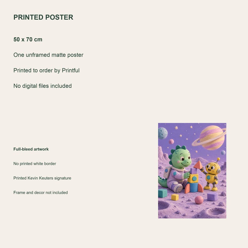 Dinosaur Builds on the Moon Poster, Kids Animal Wall Art, 50x70 cm Unframed Matte Print zdjęcie 4