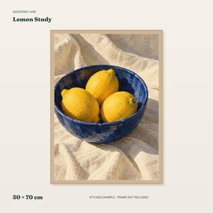 Lemon Still Life Print, Cobalt Bowl Kitchen Wall Art, 30x40 or 50x70 cm Unframed Matte Poster image 1