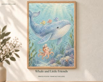 Whale and Little Friends Poster, Kids Animal Wall Art, 50x70 cm Unframed Matte Print