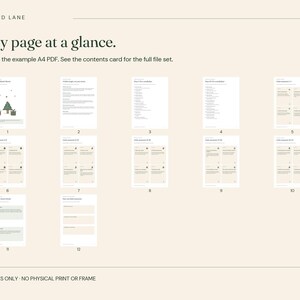 May include: A digital document preview displaying 12 pages of an A4 PDF file. The layout features text headers, numbered pages, and a small graphic of a Christmas tree with a stocking and gift. The text reads GOODFIND LANE and Every page at a glance.